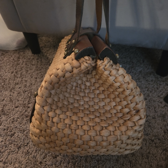 Vintage John Romain Straw Purse Bag Woven Double Leather Straps Turnlock EUC - Picture 7 of 16
